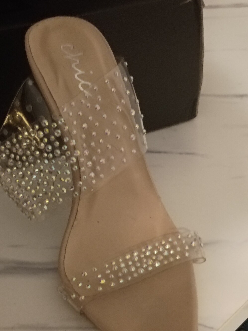 chic Nude Rhinestone Slide Heels - Picture 2 of 3